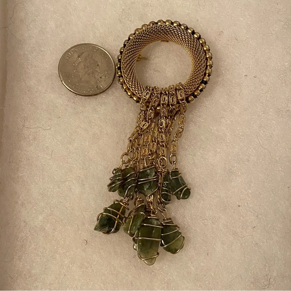 MARINO BROOCH PIN GOLD TONE MESH CIRCLE STRANDS GREEN WRAPPED GLASS DANGLES